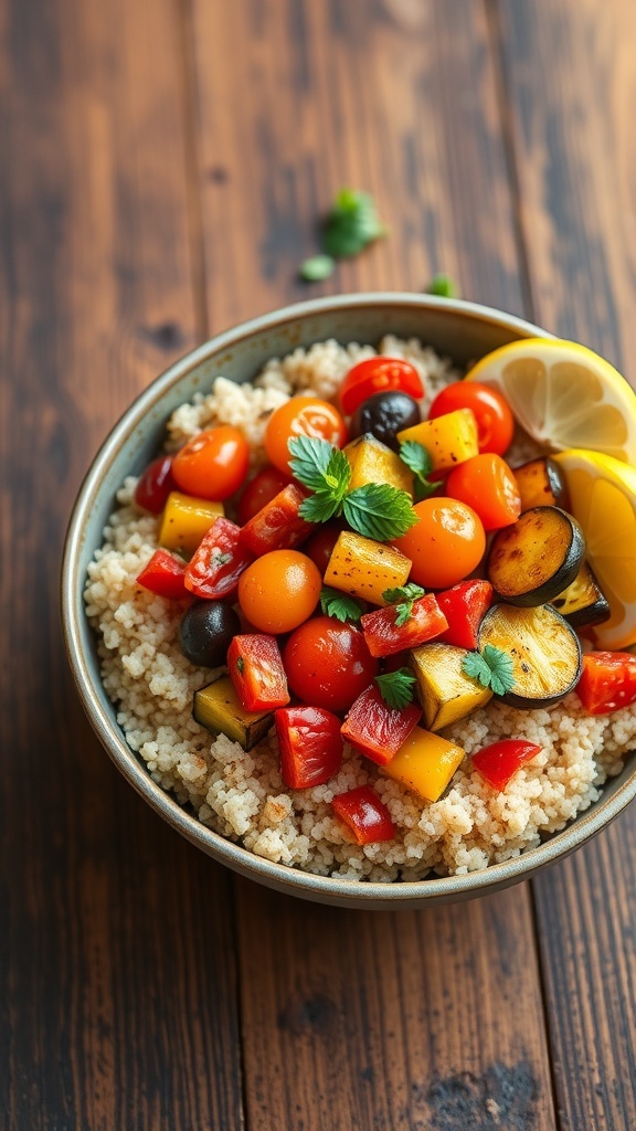 A healthy quinoa bowl with roasted vegetables and chickpeas, garnished with herbs and lemon wedges.